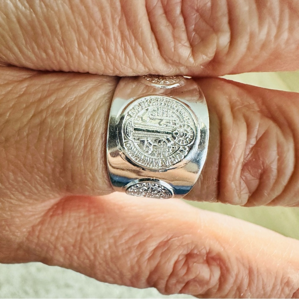 Silver Chunky Jewelry Ring with Engraved Saint Benedict Catholic Christian